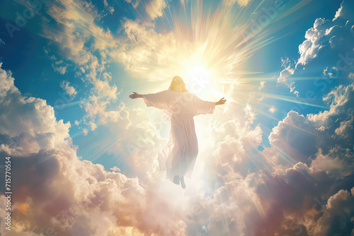 The resurrected Jesus Christ ascending to heaven above the bright light sky and clouds and God, Heaven and Second Coming concept photo