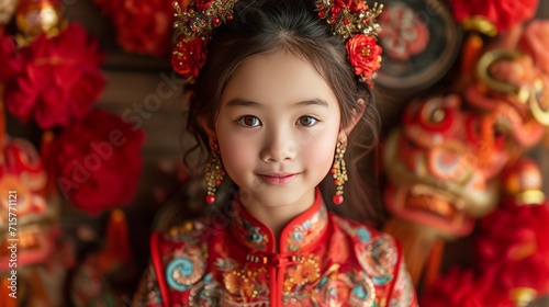 A Chinese young girl in traditional costumes with lion dancers, generative ai