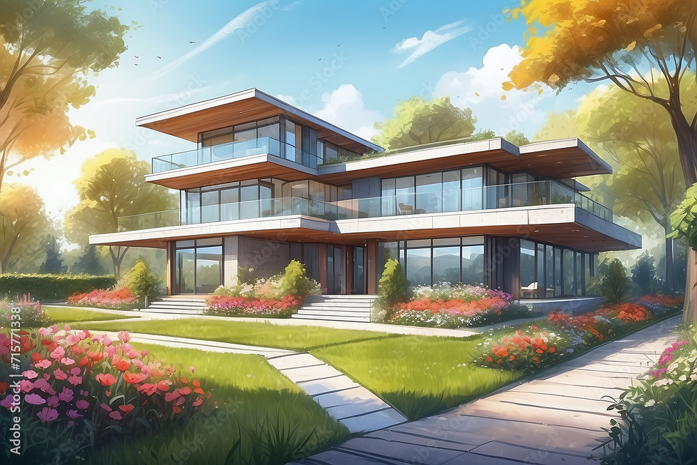 modern house concept drawing in the park