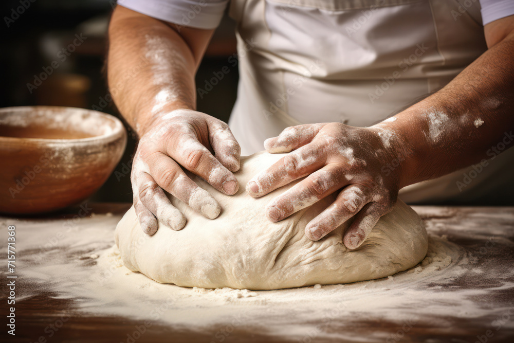 Hands-on Homemade Bread: A Baker's Artistry on a Rustic Wooden Table