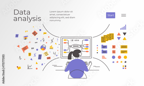 Data analysis, database structure. Young woman sitting in front big computer monitor sorting information. Female working using digital mind map. Charts, analyzing vector illustration. Design template