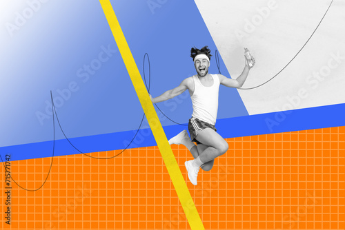 Picture collage of happy cheerful sporty crazy man running sprint winning contest shouting yes hooray isolated on drawing background