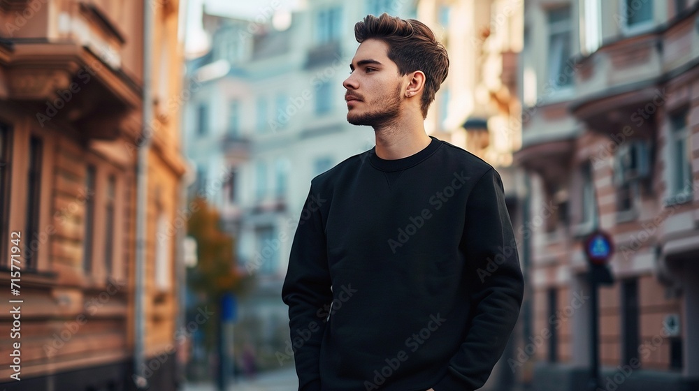 A handsome man in a black sweatshirt on the background of a city street, handsome man on urban street. Created with Generative Ai technology. A handsome man in a black sweatshirt on the background of a city street, handsome man on urban street. Created with Generative Ai technology.