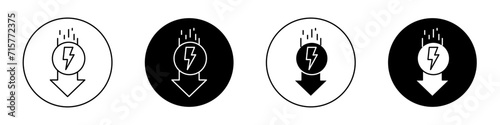 Low electricity consumption icon set. Reduce energy consumption vector logo symbol in black filled and outlined style. Reduce electricty sign. photo