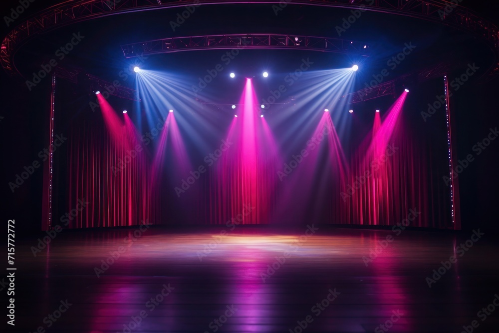 Empty stage with bright background decor. Theater stage light background with spotlight illuminates stage for performance - obrazy, fototapety, plakaty 