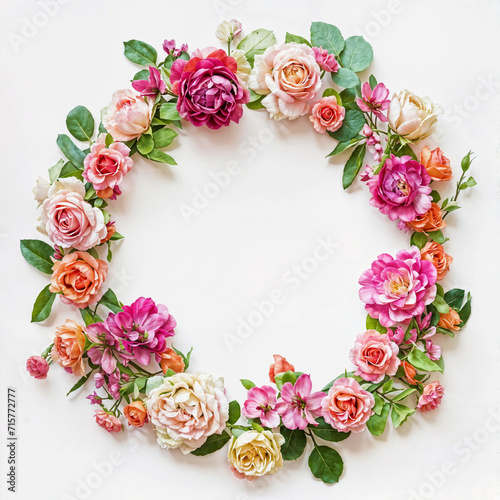 Roses and flowers intertwine in a vintage wreath, creating a charming frame of love and nature for a floral-themed card or wedding 