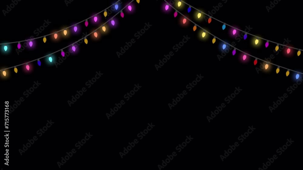 Colorful string of glowing blinking light bulbs. Colorful light chain with flashing bulbs. Lamps hang from the top over alpha channel. Colorful lamps, light show for christmas or new year celebration.