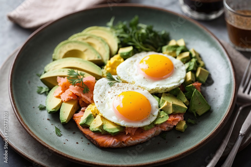 grilled salmon with avocado, eggs