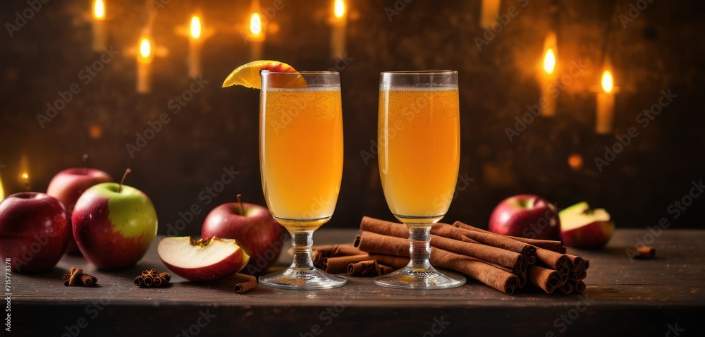 two glasses of apple cider on a table with cinnamons, apples, and apples in front of a dark background with candles and a few cinnamon sticks in the foreground. two glasses of apple cider on a table with cinnamons, apples, and apples in front of a dark background with candles and a few cinnamon sticks in the foreground.