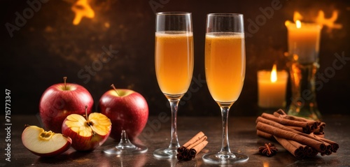  two glasses of apple cider next to cinnamons, apples, cinnamon sticks, and an apple on a table with a candle and cinnamon sticks in the background.