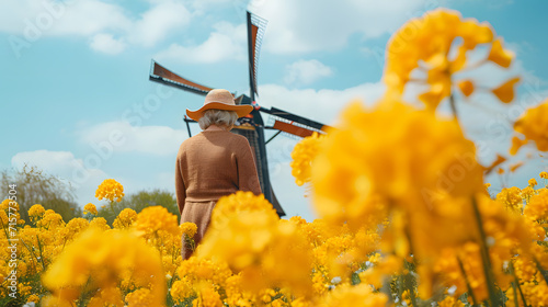 Captivating Nature: Senior Individual Mesmerized by Windmill and Vibrant Yellow Blooms