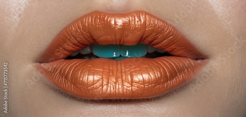  a close up shot of a woman's lips with a bright orange liquid on the tip of the lip and a blue pill in the middle of the lip.