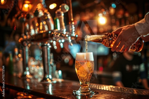 Photo of a bartender pouring beer from a glass bottle.