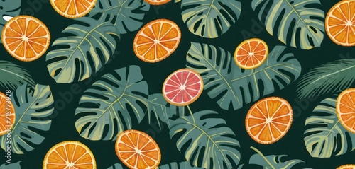  a pattern of oranges and palm leaves on a dark green background with oranges and palm leaves on a dark green background with oranges on a dark green background.