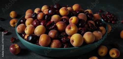  a bowl filled with lots of plums next to raisins on a black surface with a few more raisins scattered around the bowl on the table.