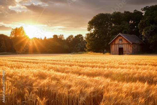 A golden wheat field at sunset with a barn and trees under a warm evening light, depicting a peaceful rural scene.
