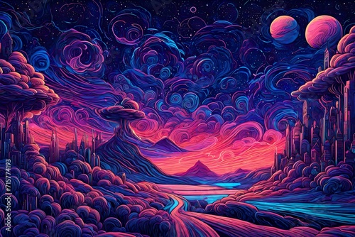 Neon dreamscape under a starry sky