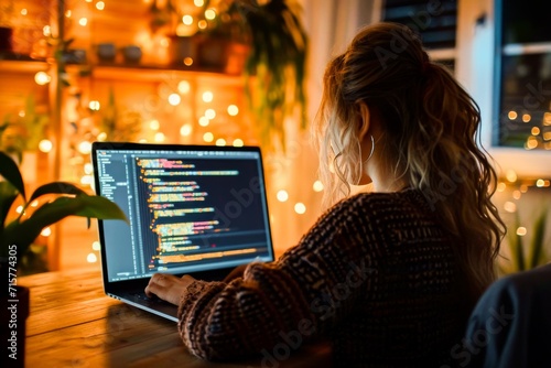 A woman programming on her laptop at night, surrounded by warm lights, in a cozy home office.