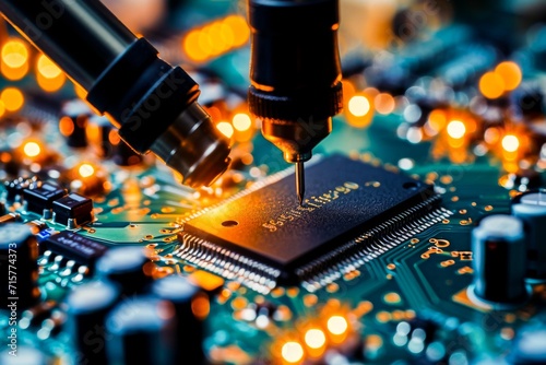 Close-up view of a robotic arm soldering a microchip onto a circuit board in a high-tech manufacturing process.