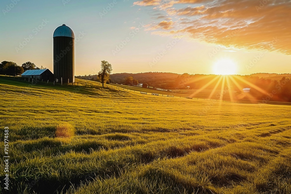 Golden sunset over a peaceful countryside farm with a silo, highlighting the tranquil beauty of rural life. - obrazy, fototapety, plakaty 