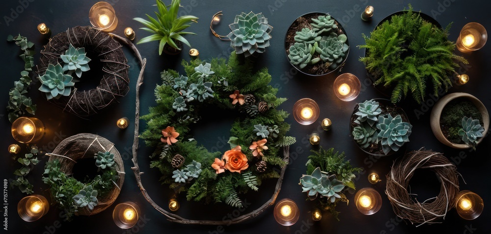  a number of succulents and candles are arranged around a wreath on a black surface with a string of lights in the middle of the wreath and a few succulents around the wreath.