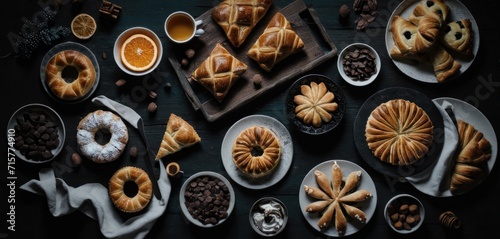  a table topped with lots of different types of pastries next to cups of coffee and a plate of oranges and chocolates on top of a wooden cutting board.