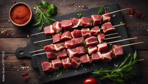 Tasty raw Meat skewers preparation with fresh delicious seasoning on rustic background, top view