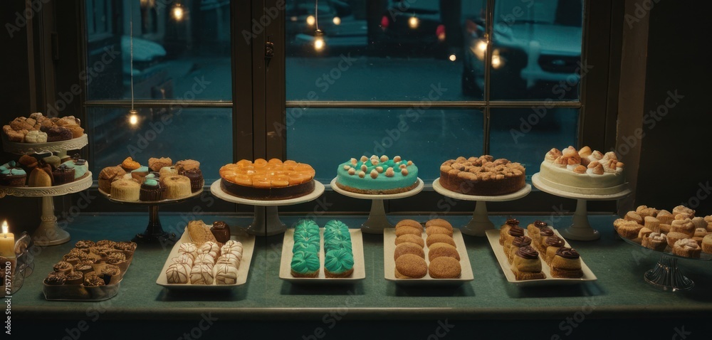  a table filled with lots of different types of cakes and cupcakes on top of trays next to a window with lit candles on the outside of the building.