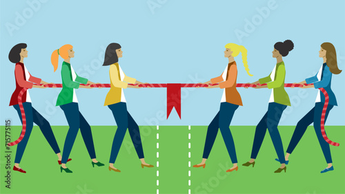 Group of women in tug of war competition. Dimension 16:9. Vector illustration.
