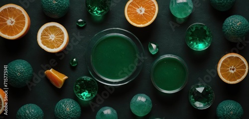 a glass filled with green liquid surrounded by sliced oranges and other green garnishments on a black surface with green and oranges on the side of the glass. photo