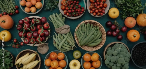  a table topped with lots of different types of fruits and vegetables next to bowls of veggies and fruit on top of a blue cloth covered table with a green cloth. © Jevjenijs