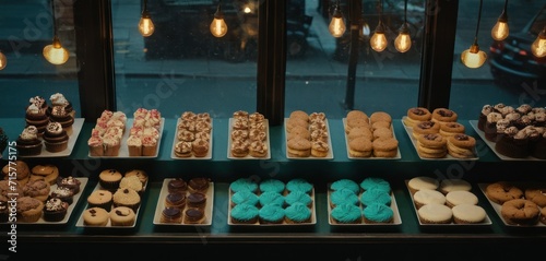  a display case filled with lots of different types of doughnuts in front of a window with light bulbs hanging from the side of the building in the background. photo