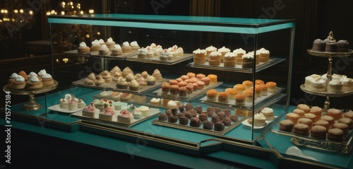  a glass display case filled with lots of different types of cupcakes on top of a blue counter top next to a glass shelf filled with different types of cupcakes.