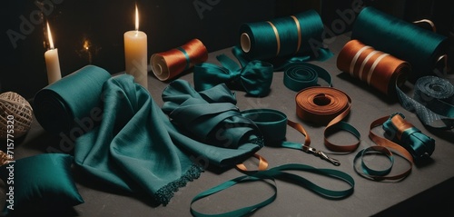  a table topped with lots of different types of ribbon and a pair of scissors next to a couple of candles and a couple of rolls of twine of ribbons.