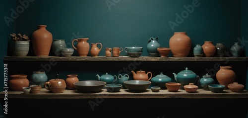  a shelf filled with lots of vases and bowls on top of a wooden shelf in front of a teal wall with a blue wall in the back ground.