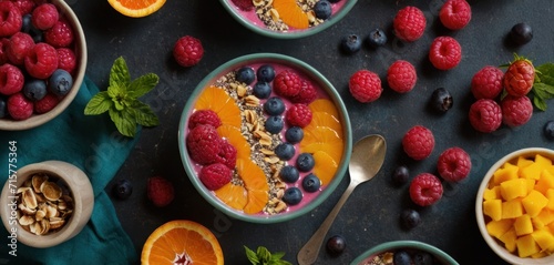  a bowl of oatmeal with berries, oranges, blueberries, and raspberries next to a bowl of oranges and a bowl of granola.