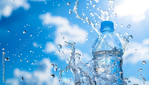 Drinking Water Bottle With Blurred Blue Sky And Clouds Background. Winter Wallpaper. Summer Banner. Backdrop