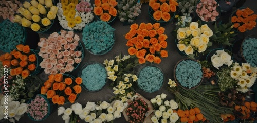  a table topped with lots of different types of flowers on top of a table covered in blue and orange flowers and a couple of orange and white flowers next to each other flowers.