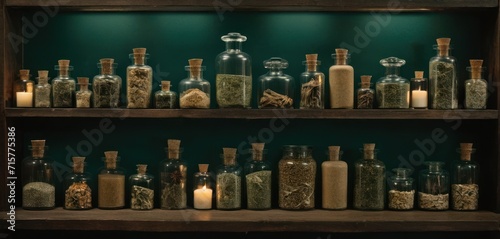  a shelf filled with lots of bottles filled with different types of spices next to a lit candle on top of a wooden shelf in front of a green painted wall.