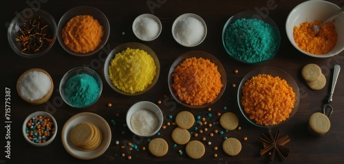  a table topped with bowls and bowls filled with different types of powdered sugars and cookies on top of a wooden table next to each other bowls and spoons.