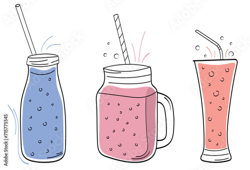 Vector illustration of three different types of smoothies in glass jars, smoothie clipart in doodle style, hand drawn