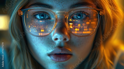 Close-up of young woman wearing glasses surfing an interactive virtual world and reflection of digital screen in glasses generative ai