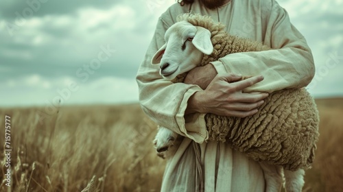 Jesus with a white sheep in his arms carrying it in a daytime meadow in high resolution HD photo