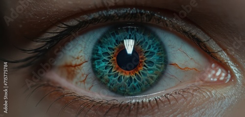  a close up of a person's eye with a blue and orange eyeball in the center of the iris of the eye and the iris of the eye.
