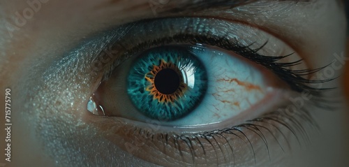  a close up of a person's eye with a blue and yellow eyeball in the middle of the iris of the eye and the iris of the eye.