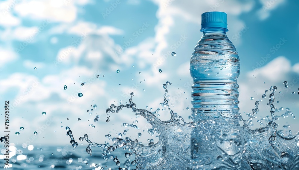 Drinking Water Bottle With Blurred Blue Sky And Clouds Background. Winter Wallpaper. Summer Banner. Backdrop Drinking Water Bottle With Blurred Blue Sky And Clouds Background. Winter Wallpaper. Summer Banner. Backdrop
