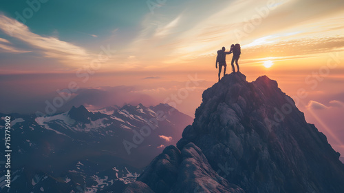 Rugged Mountain: Two Climbers at Sunrise