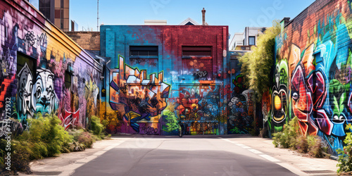 Colorful Urban Street Art: Vibrant Melange of Cultures, Architectural Beauty, and Graffiti in Buenos Aires Alleyway photo