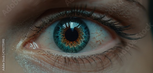  a close up of a person's eye with a blue and yellow eyeball in the center of the iris of the eye and the iris of the eye.