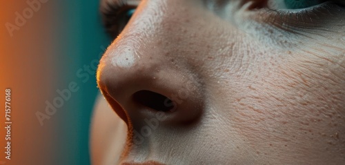  a close - up of a woman's nose with freckles on her nose and a blurry image of the nose of a person in the background.